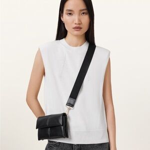 ALLSAINTS EZRA Black Leather Crossbody Bag w/ Silver hardware